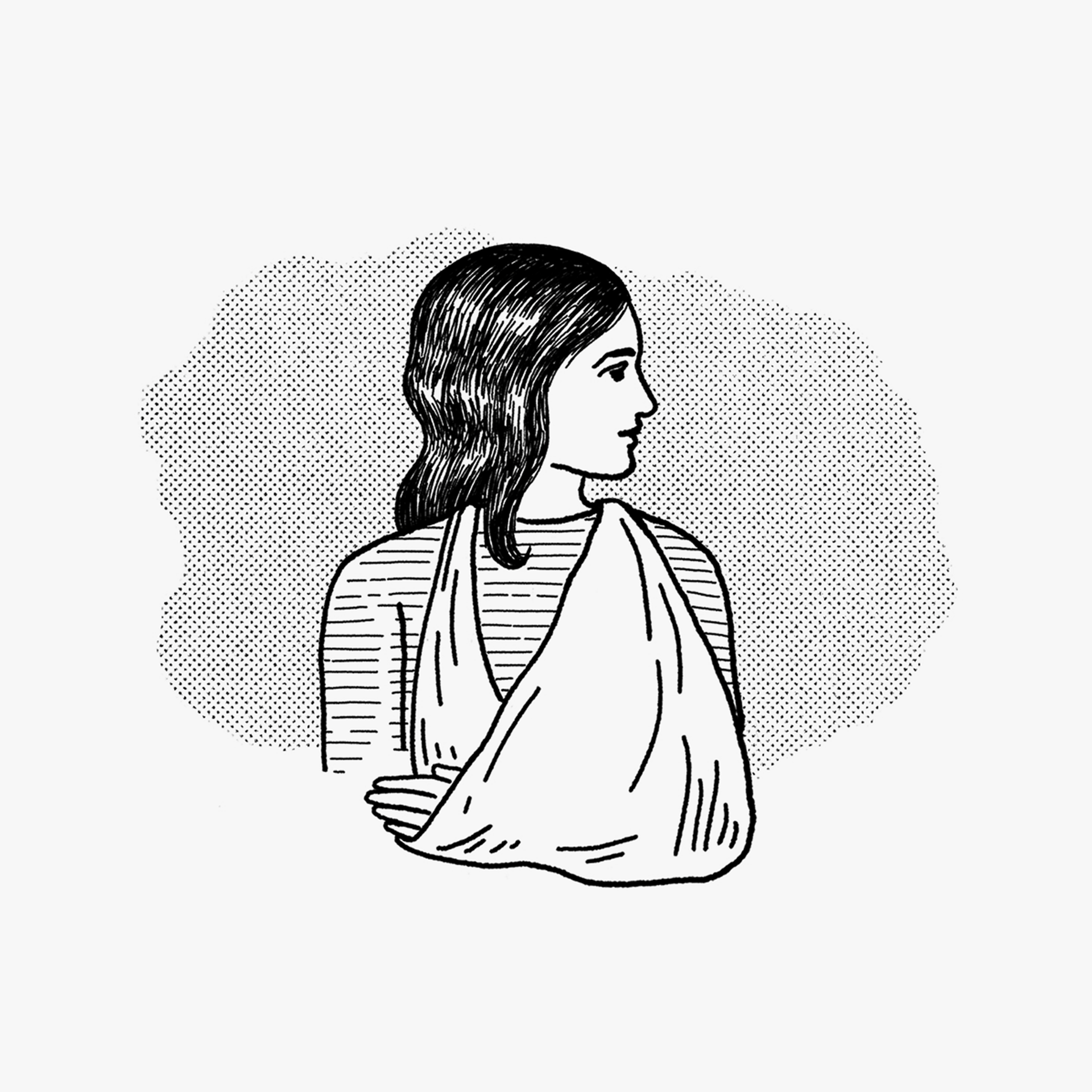 Illustration of woman with her arm in a sling.