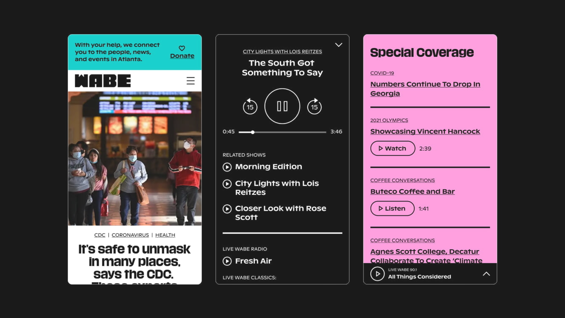 Screenshots of WABE mobile experience