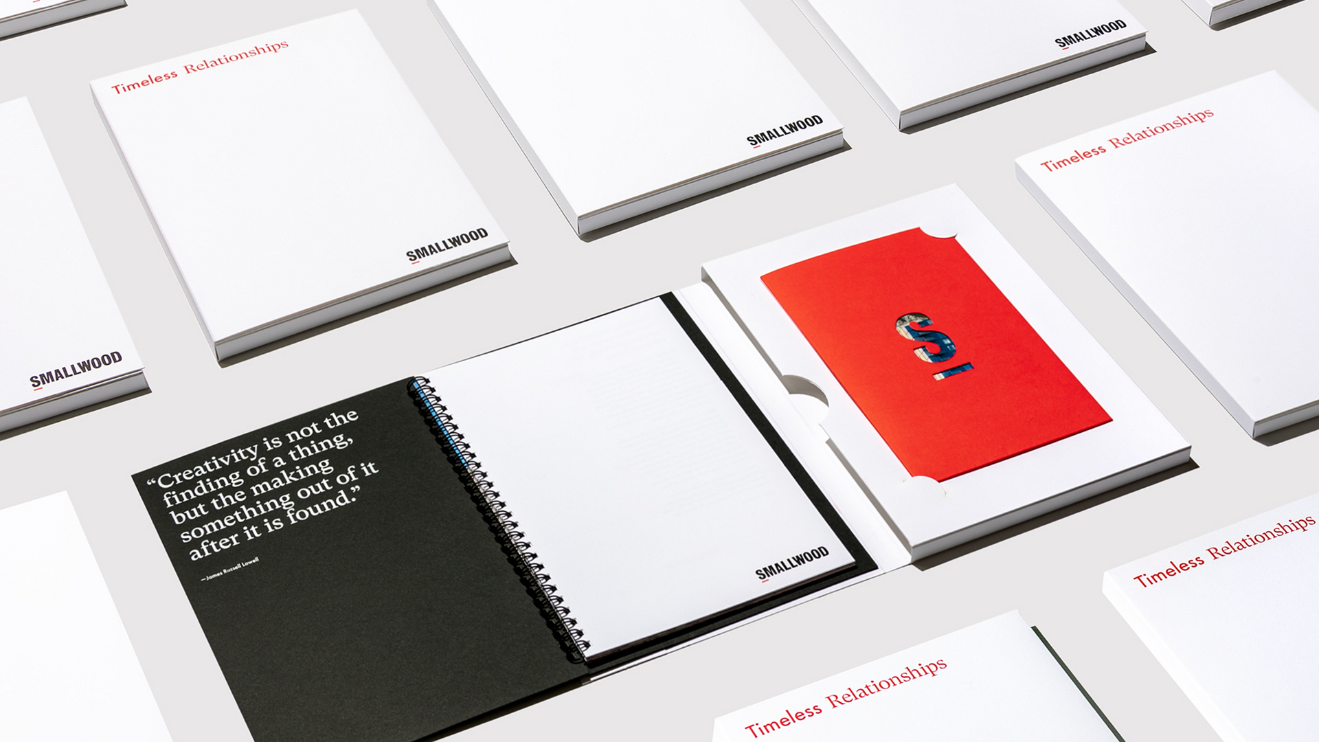 Overhead view of Smallwood's Timeless Relationships campaign book designed by IfThen.