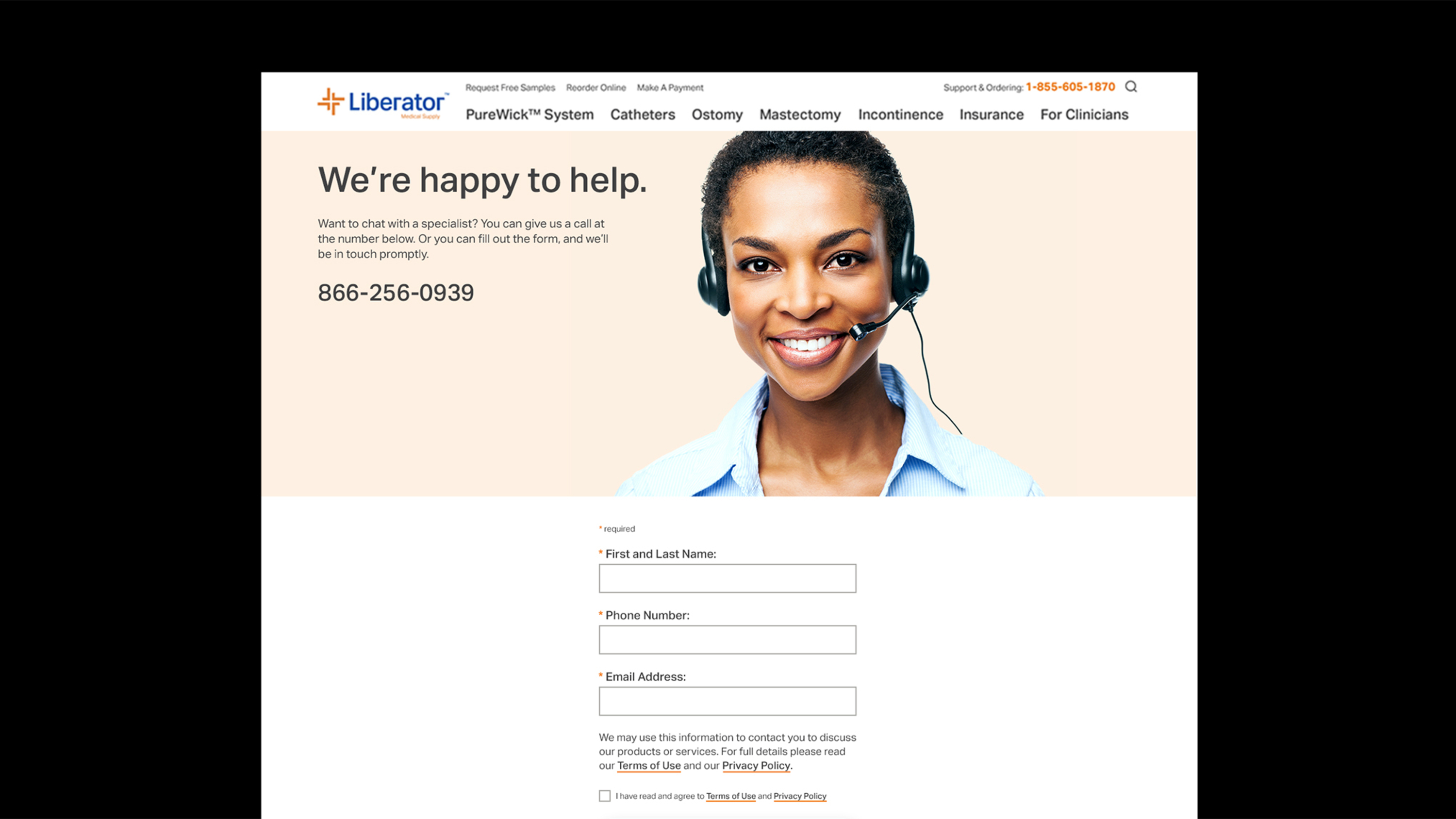 A smiling woman next to the words "we're happy to help", both placed over a contact form
