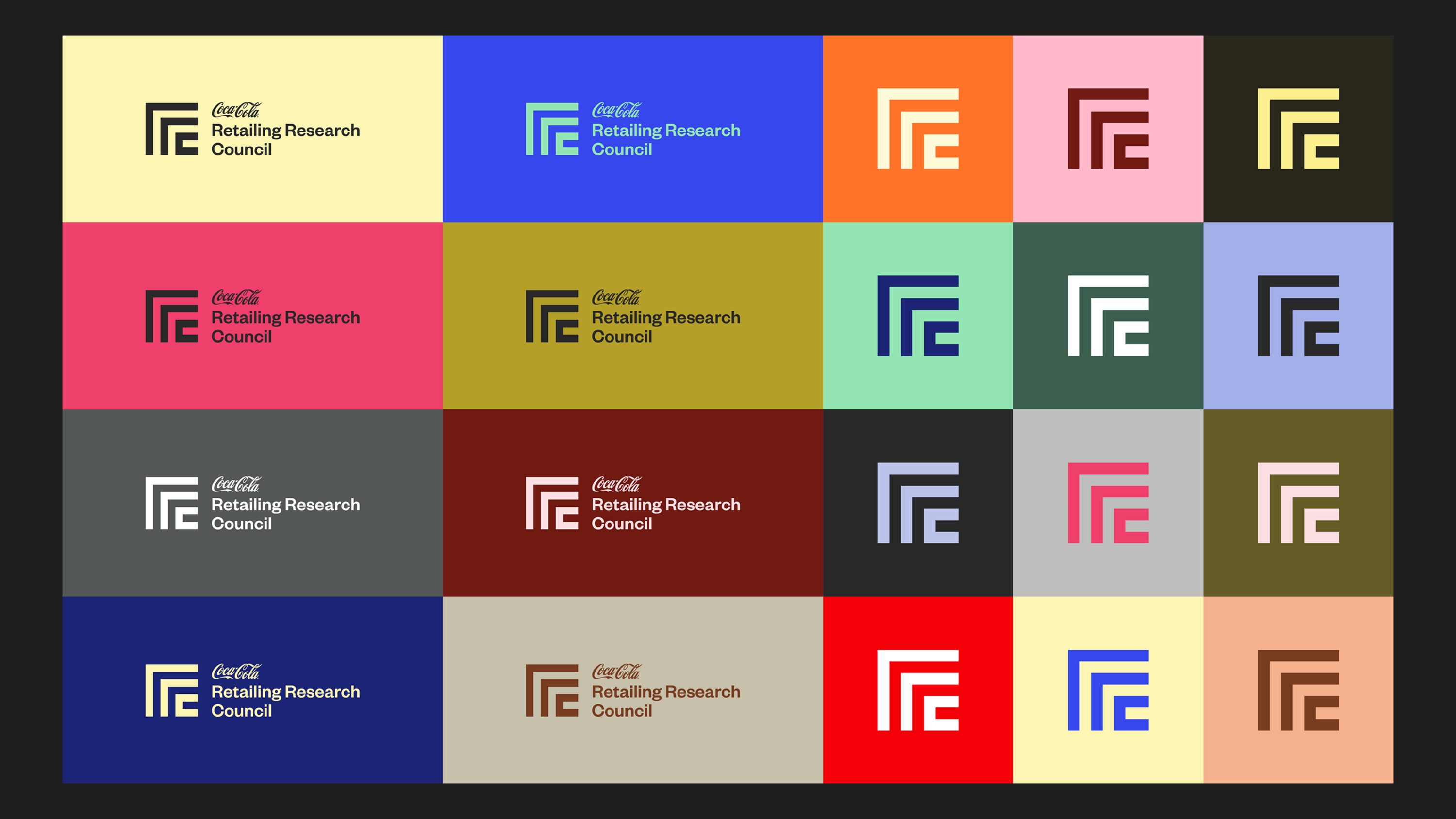 Color palette combinations with logos from the Coca-Cola Retailing Research Council's brand identity guidelines