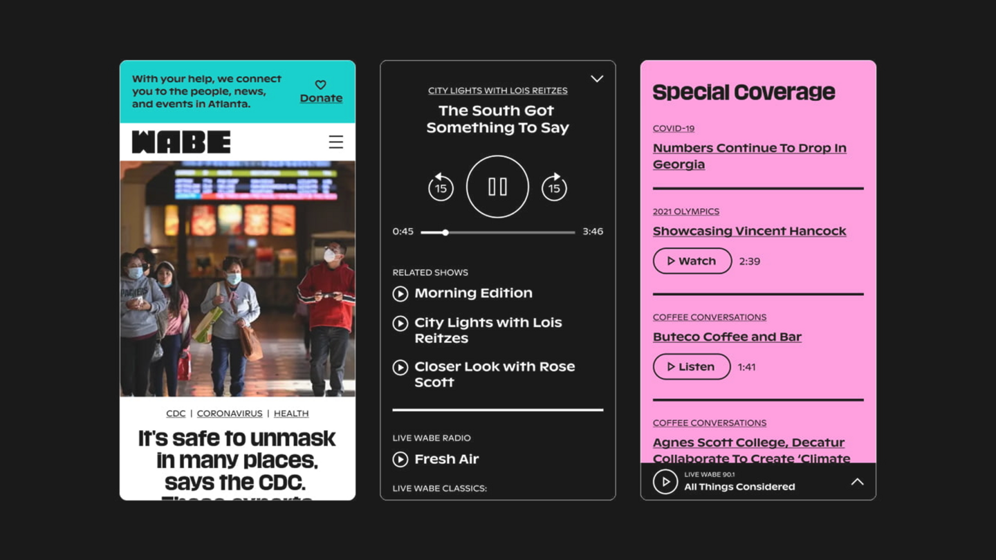 Screenshots of WABE mobile experience