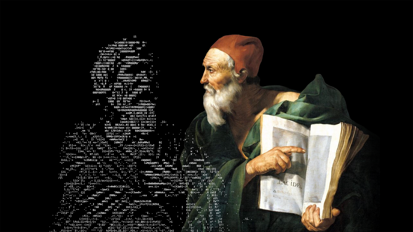 An illustration of philosopher speaking with a digital friend.
