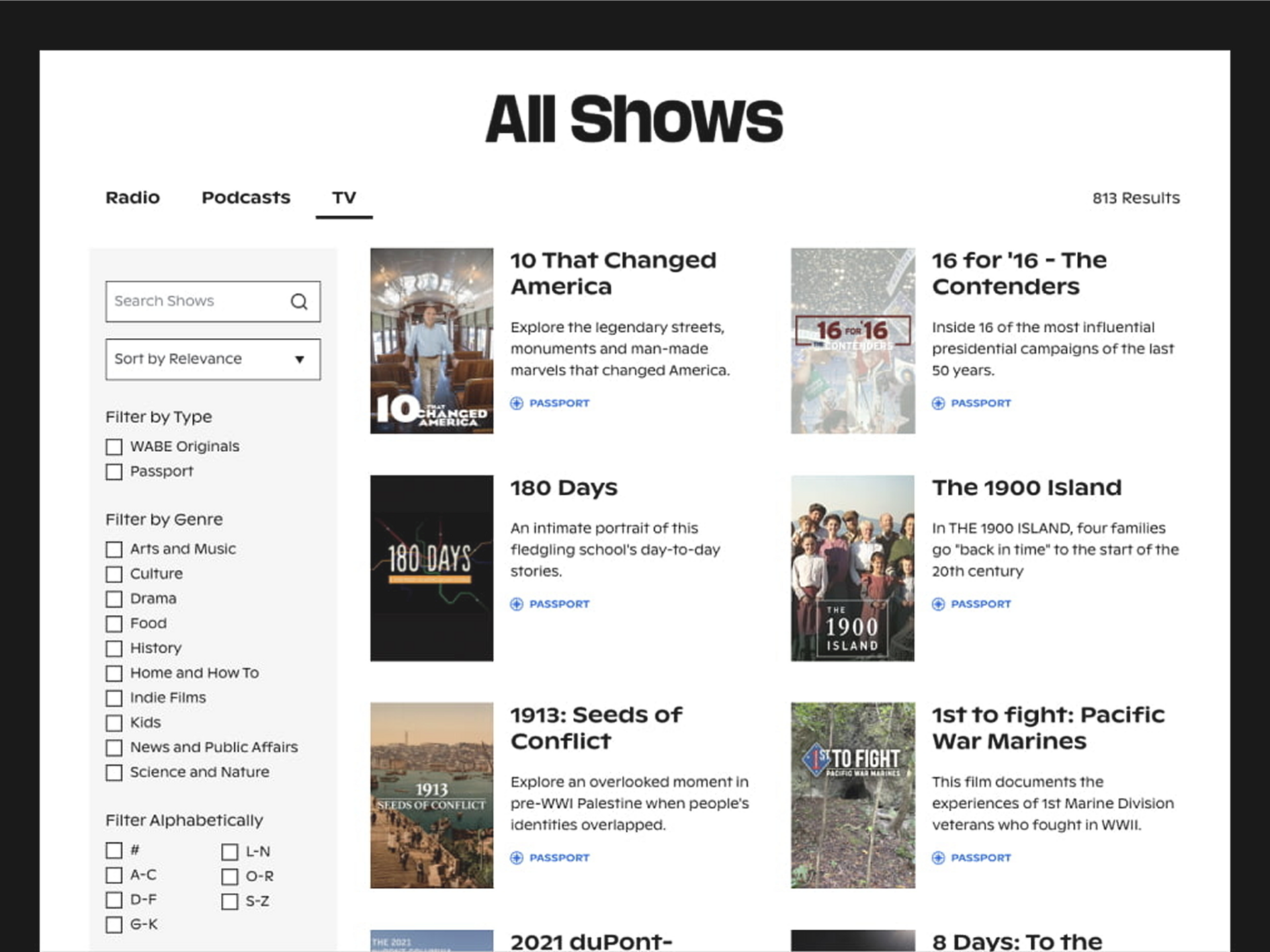 A screenshot of the WABE search experience.